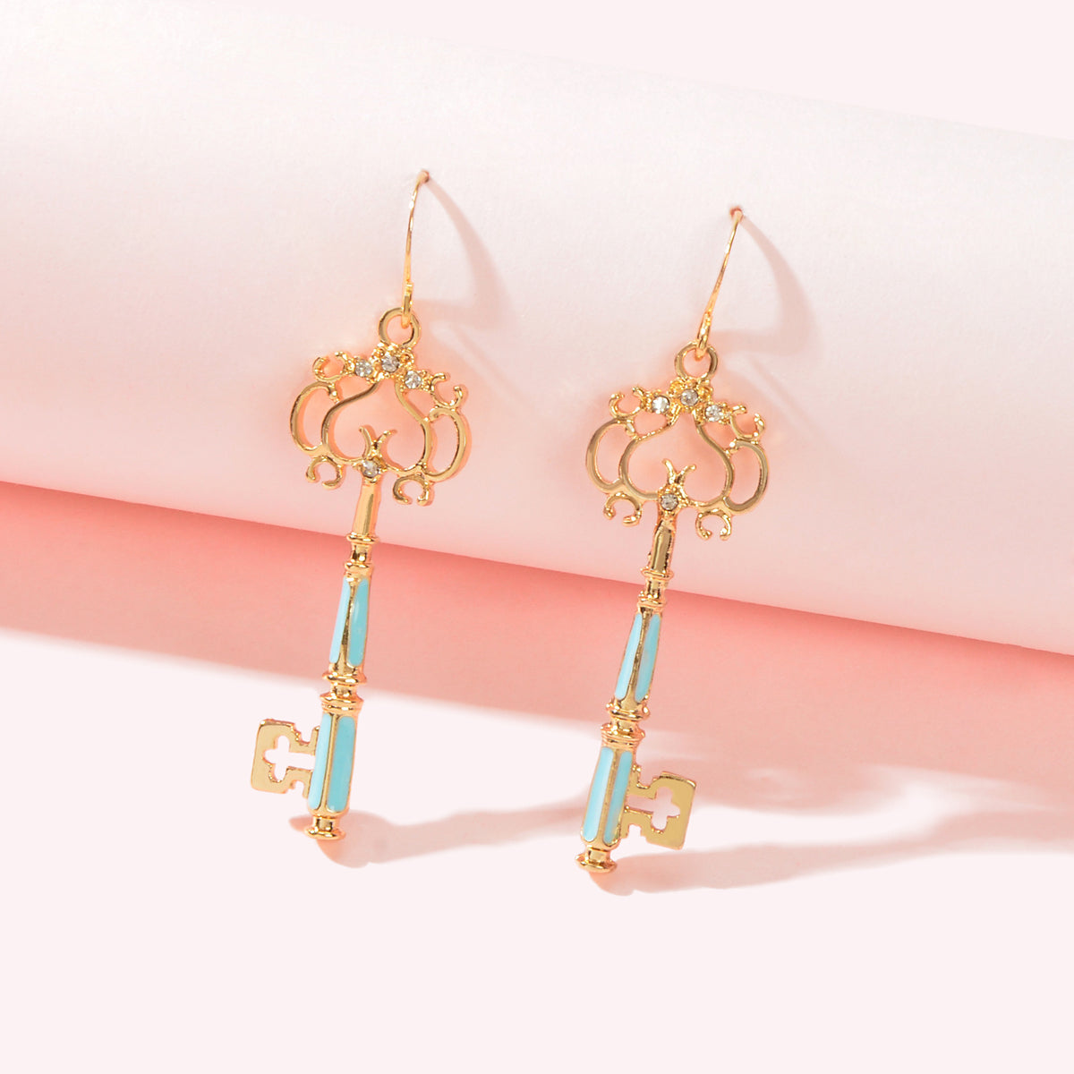 Personality Gold Colour Blue Enamel Dangling Drop Magic Key Earrings Party Gift Feelontop Jewellery