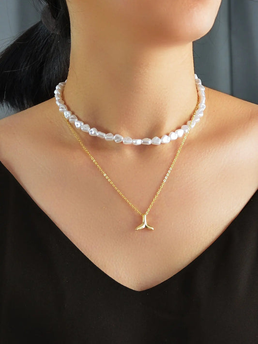 Textured Accessories Double layer Chain Pearl Choker Fish Tail Pendant Necklace Feelontop Jewellery
