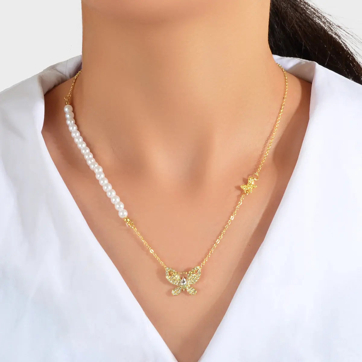 Textured Engagement Gift Jewelry Pearl Beads Chain Rhinestone Butterfly Necklace Feelontop Jewellery
