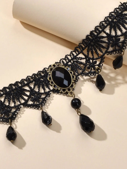 Water Drop Charm Black Lace Retro Gothic Women Choker 90s Halloween Necklace Feelontop Jewellery