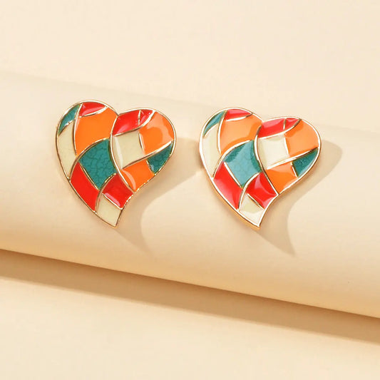 Candy Color Enamel Checkerboard Love Heart Stud Earrings Retro Trendy Accessory Feelontop Jewellery