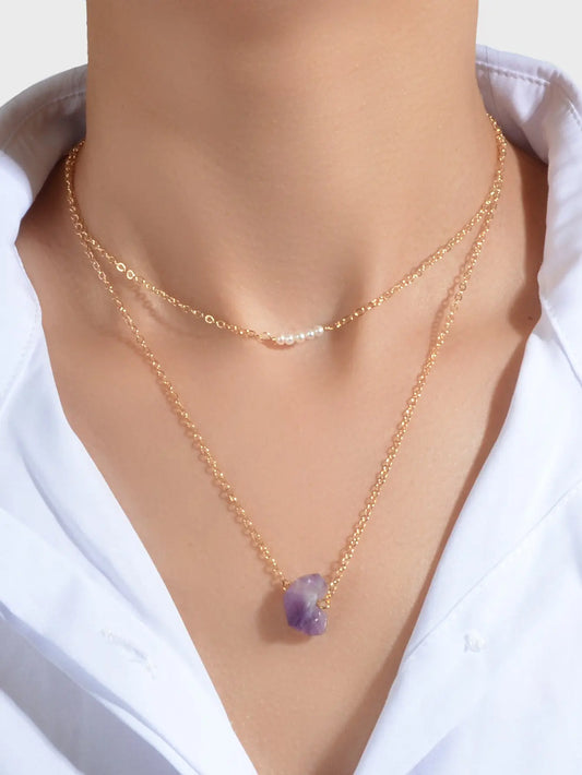 Boho Chic Jewellery Pearl Decor Double layer Chain Purple Stone Pendant Necklace Feelontop Jewellery