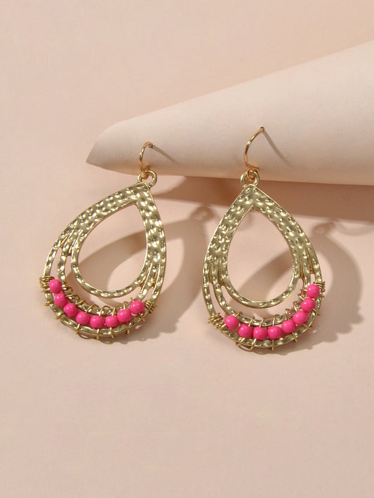 Ethnic Hotpink Beads Handmade Hollow Water Drop Bohemian Traditional Earrings Feelontop Jewellery