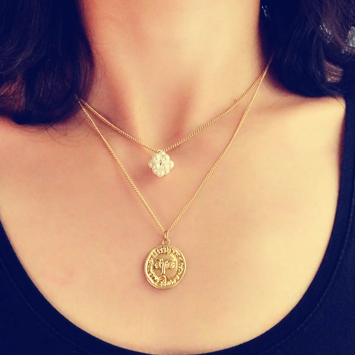 Personality Jewelry Double layer Gold Chain Pearl Ball Face Round Charm Necklace Feelontop Jewellery