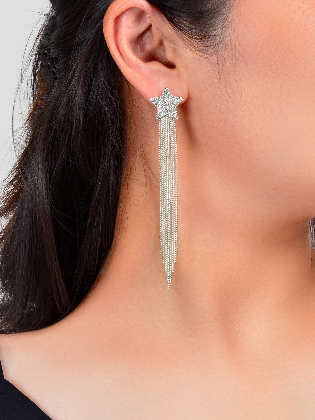 Elegant Luxury Rhinestone Decor Star Long Silver Chain Tassels Dangling Earrings Feelontop Jewellery