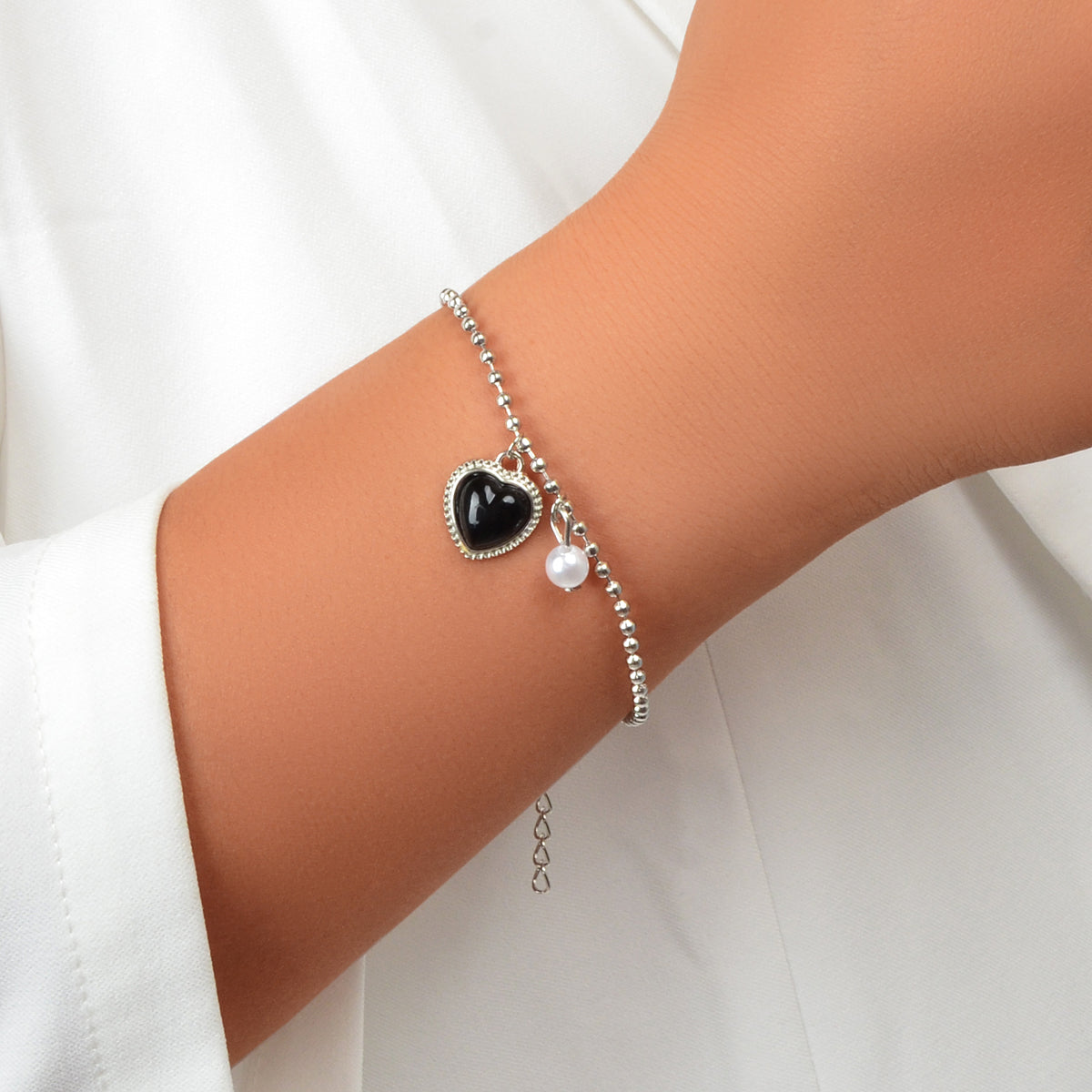 Girlfriend Gift Jewellery Silver Popcorn Chain Pearl Black Heart Charm Bracelets Feelontop Jewellery