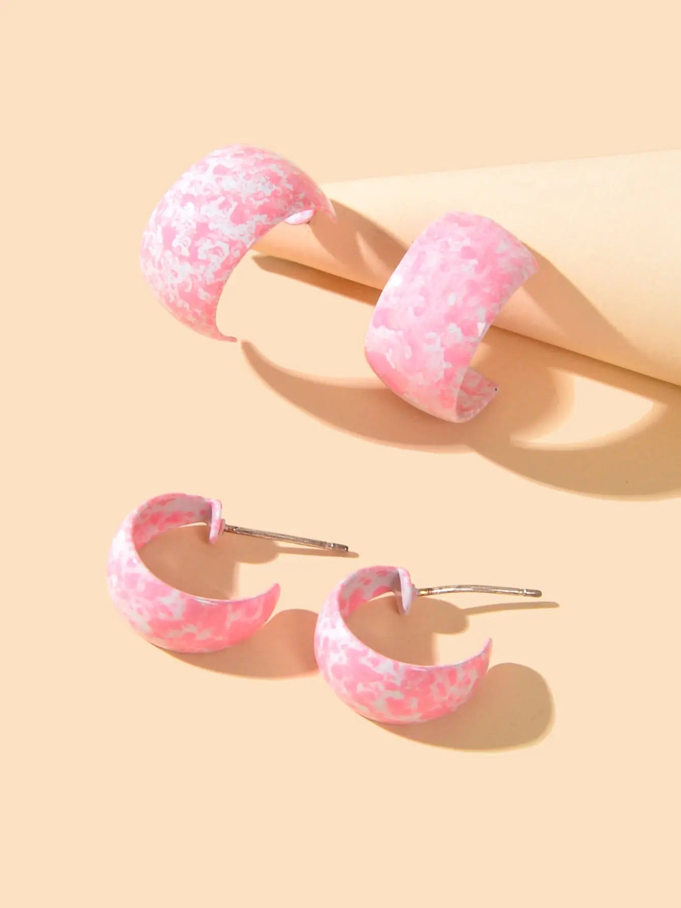 2 pairs/set Female Jewelry Personality Pink Hoop C shape Huggie Pierced Earrings Feelontop Jewellery