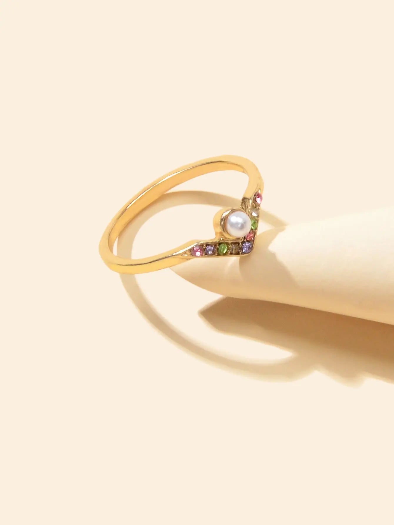 Luxury Wedding Jewellery Multi-colored Rhinestone Pearl V Shape Gold Finger Ring Feelontop Jewellery