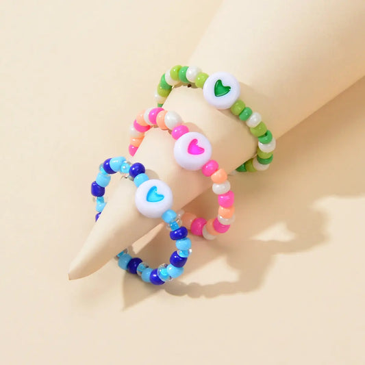 3pcs Colorful Bead Elastic Heart Pattern Multiple Stackable Midi Finger Ring Set Feelontop Jewellery