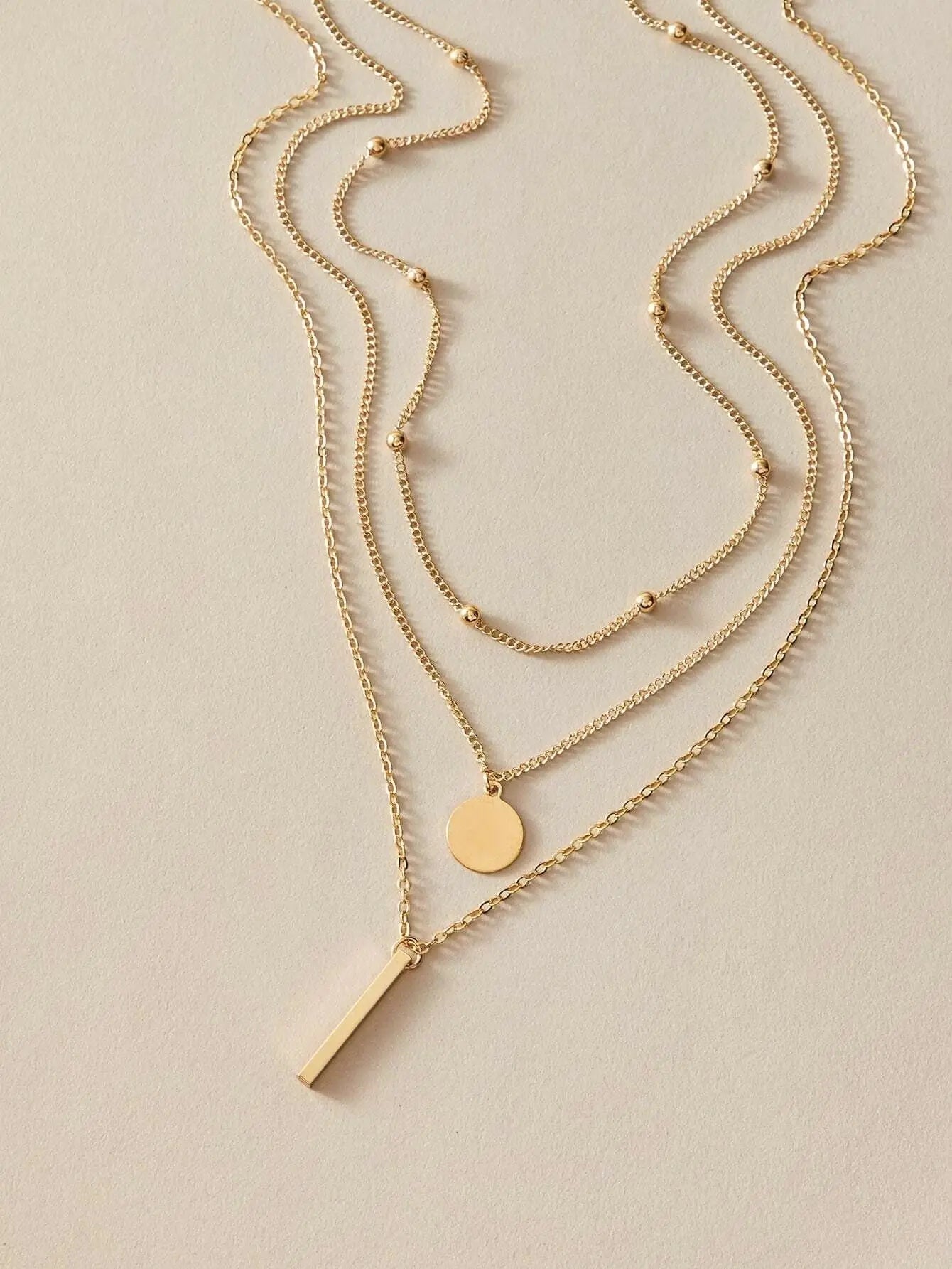 Boho Multi-Layer 3pcs Bar Disc Charm Metal Round Beads Chain Choker Necklace Feelontop Jewellery