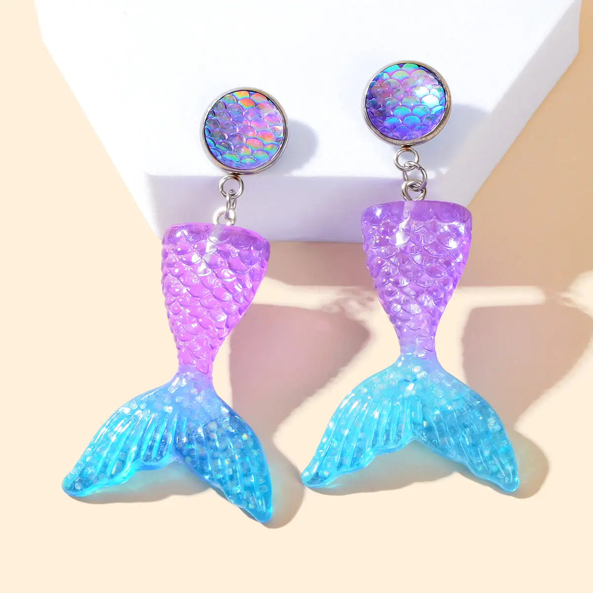 Sparkling Purple Blue Resin Mermaid Fish Tail Pendant Earrings for Women Holiday Feelontop Jewellery