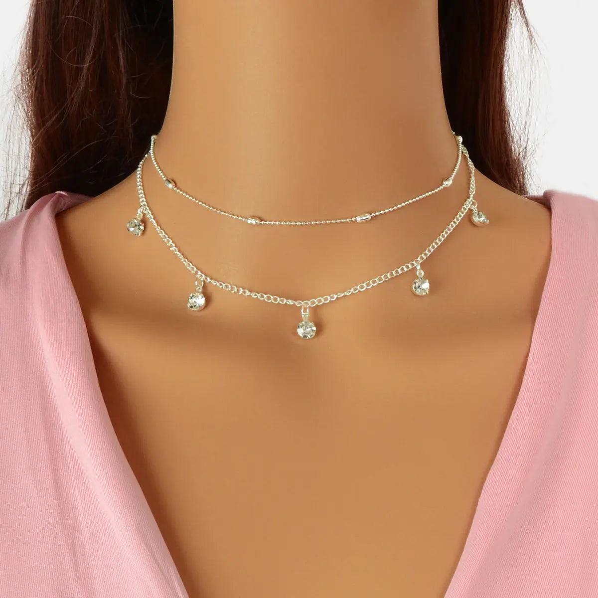 Dainty Adjustable Layer Gold Silver Chain Rhinestone Charm Clavicle Necklace Feelontop Jewellery