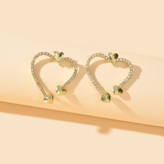 Valentine's Day Gift Rhinestone Decoration Gold Sweet Love Heart Stud Earrings Feelontop Jewellery
