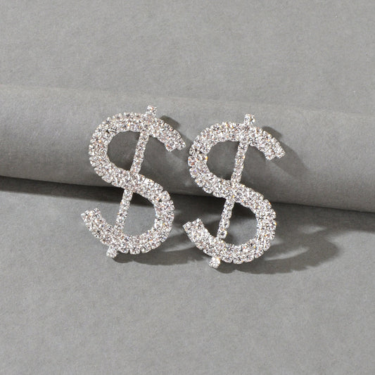 Sparkling Full Rhinestone Decoration Silver Dollar Sign Stud Earrings Lady Gift Feelontop Jewellery