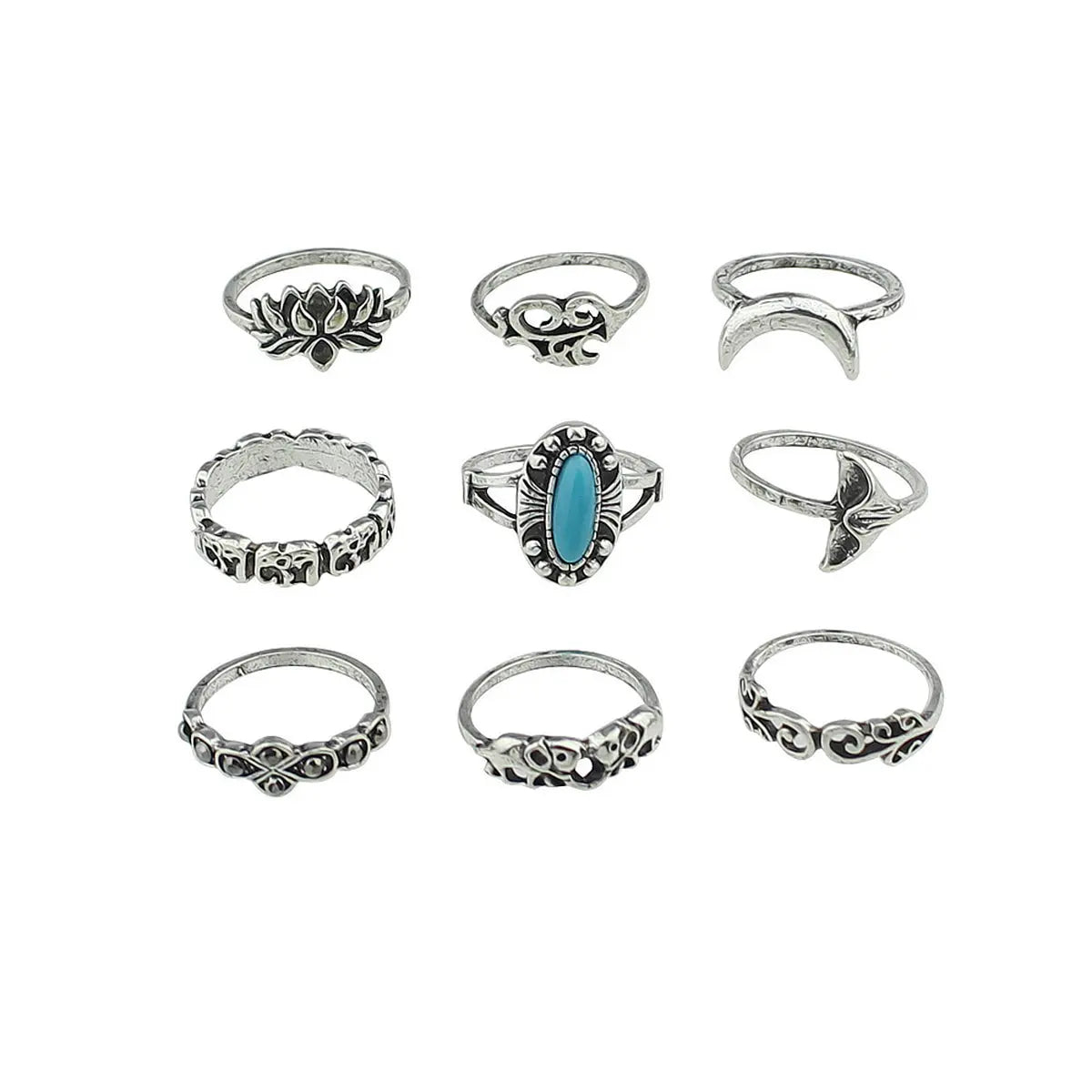 Stackable 9pcs Tribal Ethnic Lotus Elephant Moon Flower Multiple Bulk Rings set Feelontop Jewellery