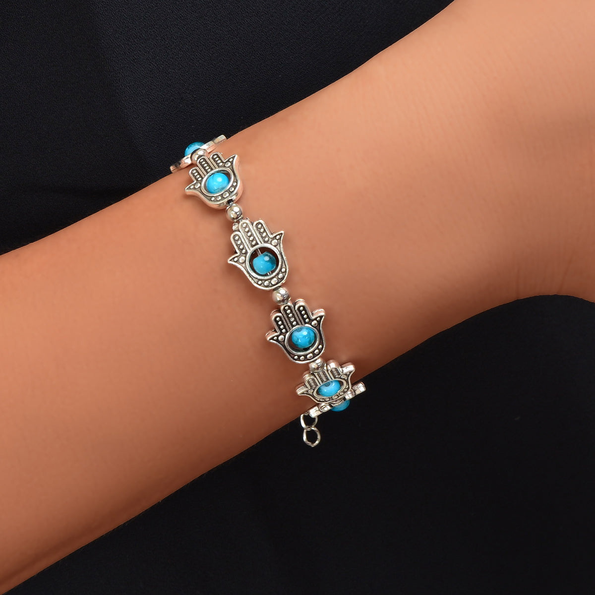 Ethnic Jewellery Vintage Handmade Blue Red Beaded Antique Silver Hand Bracelet Feelontop Jewellery