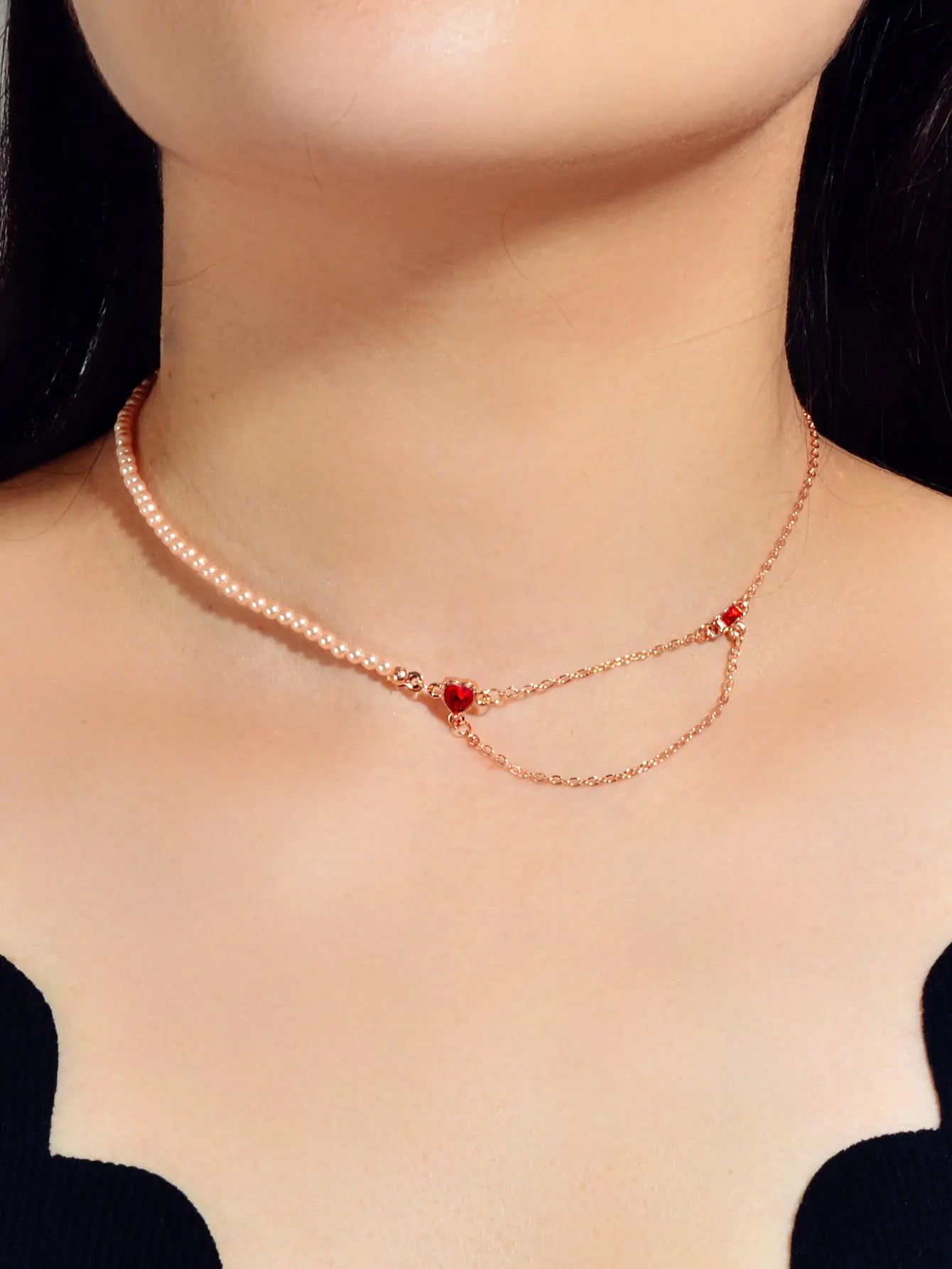 Perfect Engagement Gift Rosegold Chain Pearl Heart Sqaure Red Crystal Necklace Feelontop Jewellery