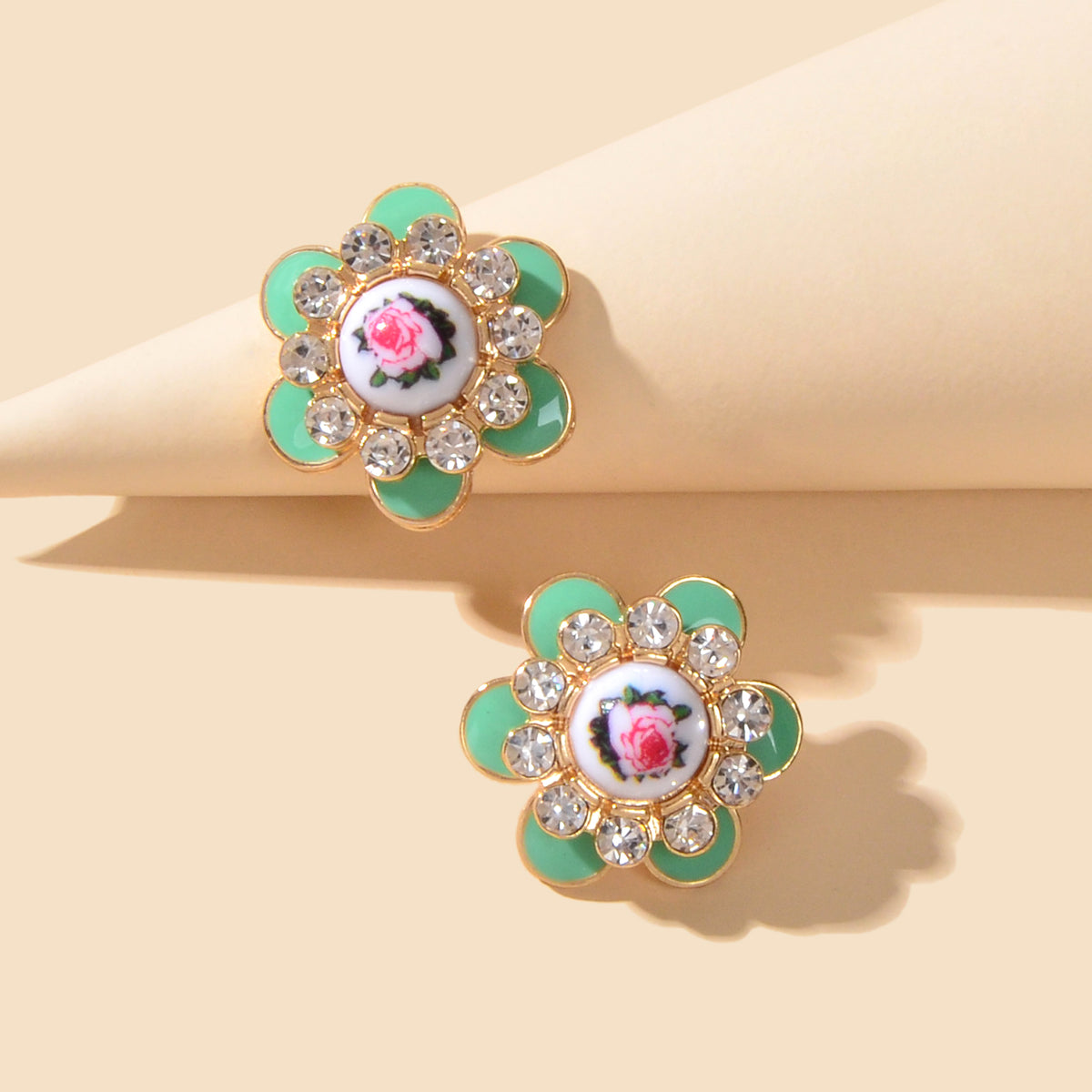Bohemian Ethnic Rhinestone Decoration Green Enamel Flower Stud Festival Earrings Feelontop Jewellery