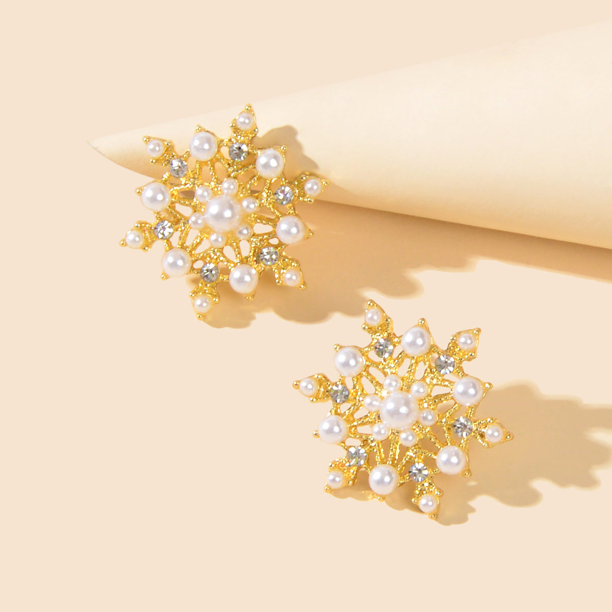 Pearl Rhinestone Gold Snowflake Stud Earrings Women Christmas Party Decoration Feelontop Jewellery