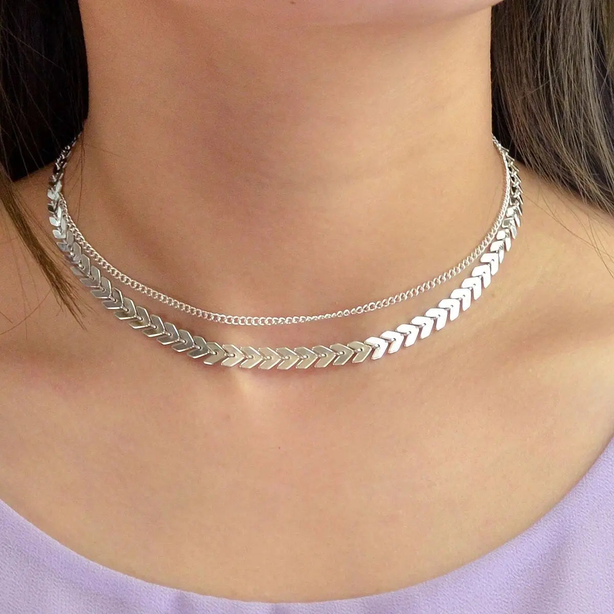 Female Gift Double layer Gold Silver Chain Short Clavicle Punk Collar Necklace Feelontop Jewellery