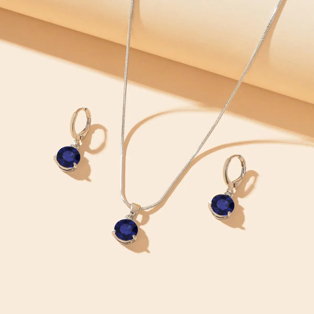 Round Navey Blue Imitation Gem Pendant Necklace Huggie Earrings Jewellery Set Feelontop Jewellery