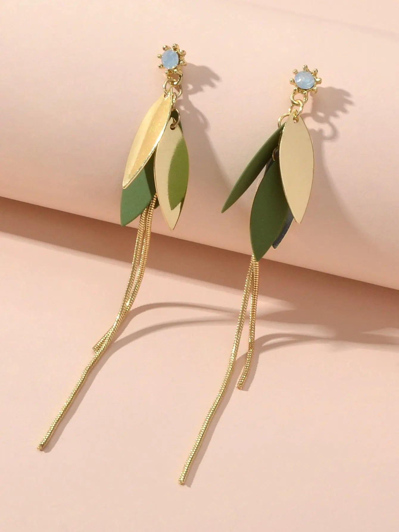 Female Jewellery Gold Green Leaf Long Chain Dangle Pierced Charm Women Earrings Feelontop Jewellery