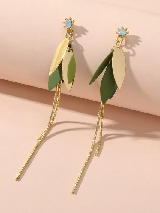 Female Jewellery Gold Green Leaf Long Chain Dangle Pierced Charm Women Earrings Feelontop Jewellery