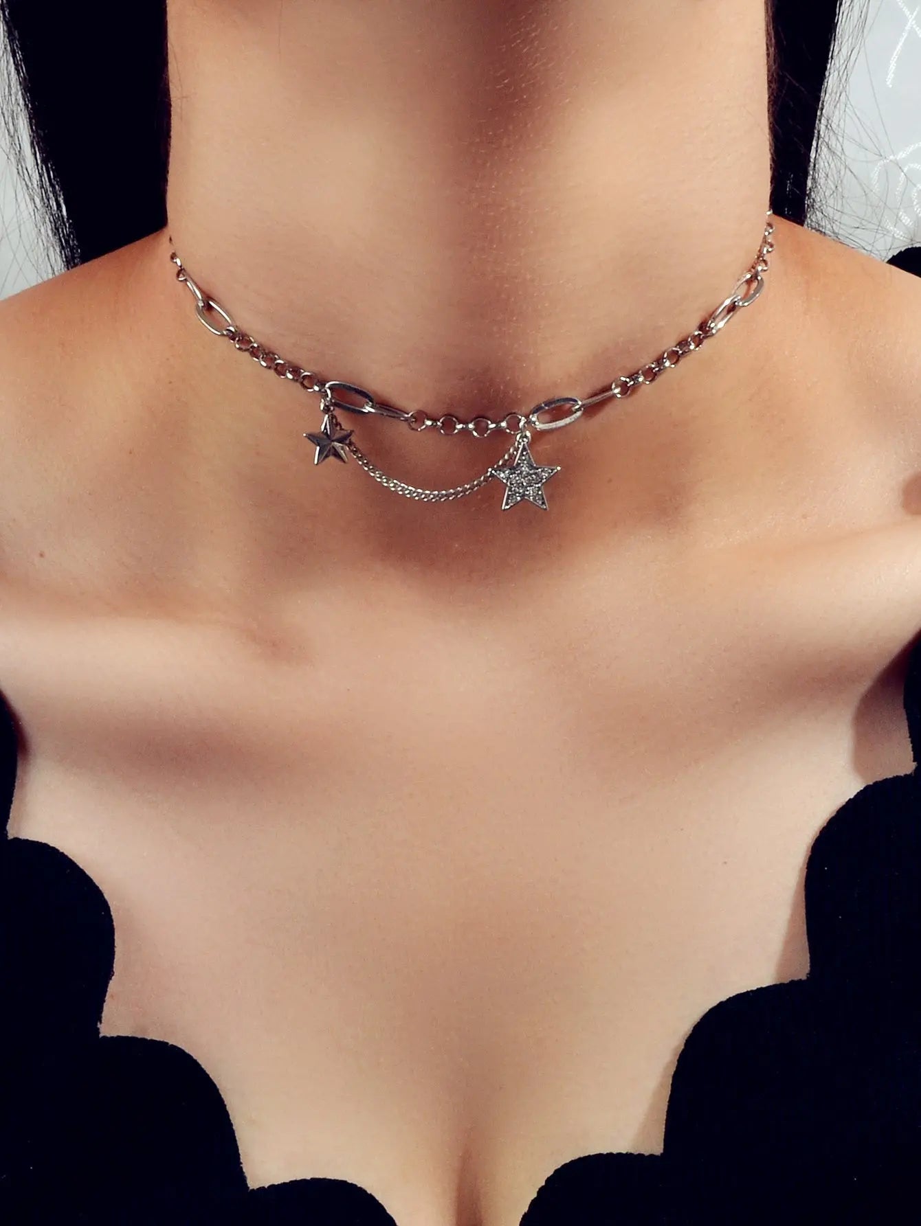 Retro Silver Trendy Paperclip Chain Rhinestone Star Charm Short Collar Necklace Feelontop Jewellery