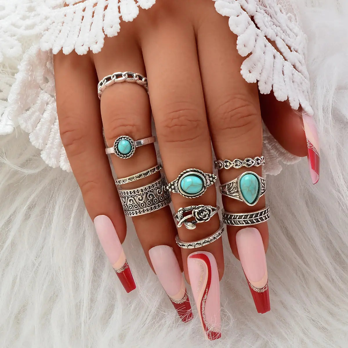 10 pcs Bohemian Antique Silver Turquoise Carved Flower Multiple Midi Rings Set Feelontop Jewellery