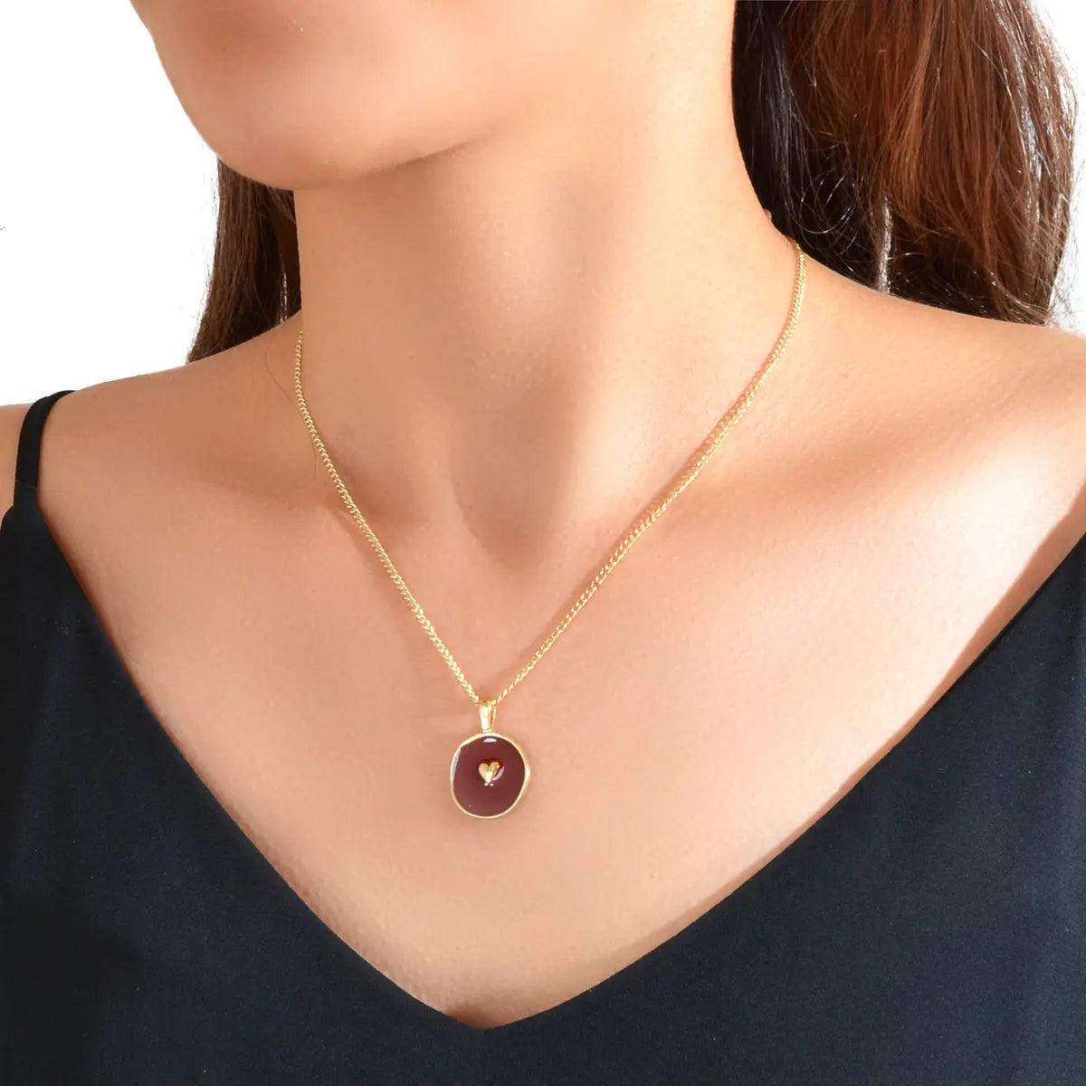 Fashion Accessories Gold Chain Heart Windred Enamel Round Charm Ladies Necklace Feelontop Jewellery