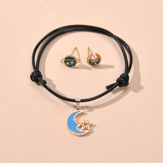 Jewellery set Black Pu Leather Star Moon Charm Adjustable Bracelet Stud Earrings Feelontop Jewellery