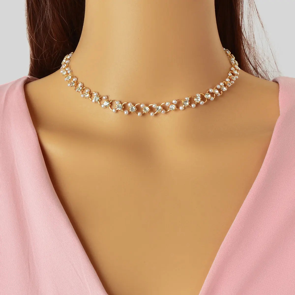 Wedding Engagement Gift Jewellery Rhinestone Pearl Decor Hollow Choker Necklace Feelontop Jewellery
