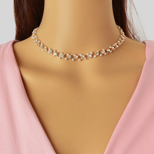 Wedding Engagement Gift Jewellery Rhinestone Pearl Decor Hollow Choker Necklace Feelontop Jewellery
