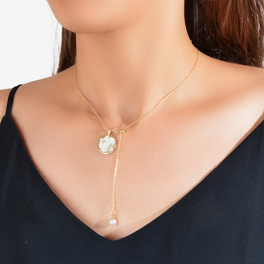 Exquisite Jewellery Gold Chain White Round Pendant Pearl Charm Y shape Necklace Feelontop Jewellery