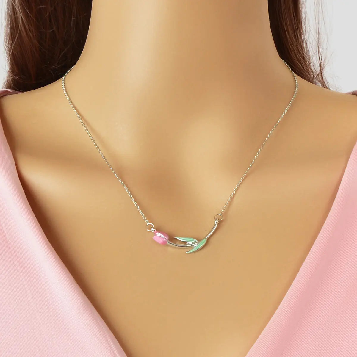 Elegant Silver Chain Green Leaf Pink Tulip Flower Pendant Anniversary Necklace Feelontop Jewellery