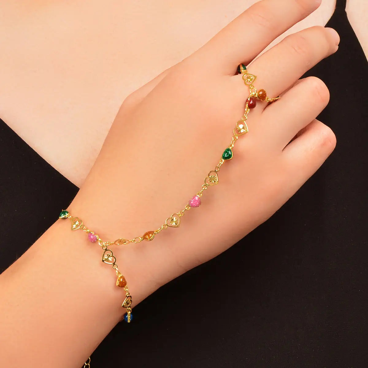 Colorful Heart Gold Chain Ring Wrist Finger Slave Bracelet Bangle Hand Jewellery Feelontop Jewellery