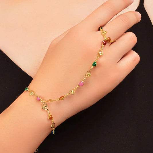 Colorful Heart Gold Chain Ring Wrist Finger Slave Bracelet Bangle Hand Jewellery Feelontop Jewellery