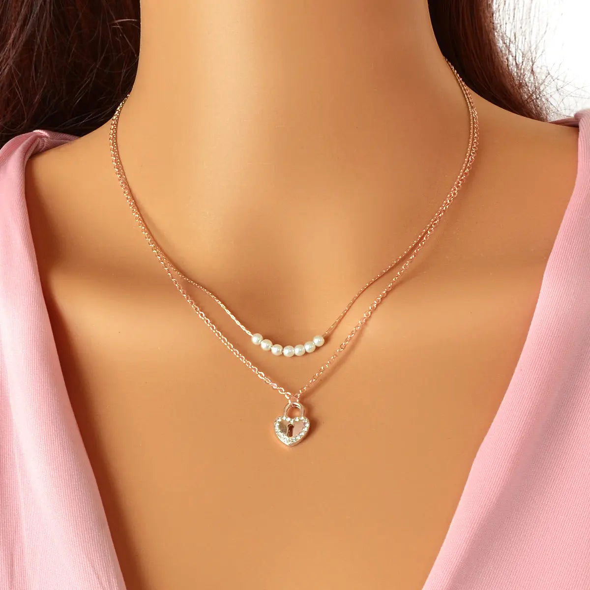 Double Layer Rose Gold Chain String Pearl Heart Lock Pendant Necklace Girlfriend Feelontop Jewellery