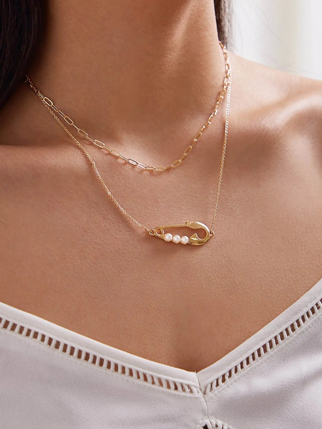 2pcs Popular Accessories Gold Chain Pearl Decor Pin Charm Necklace Women Jewelry Feelontop Jewellery