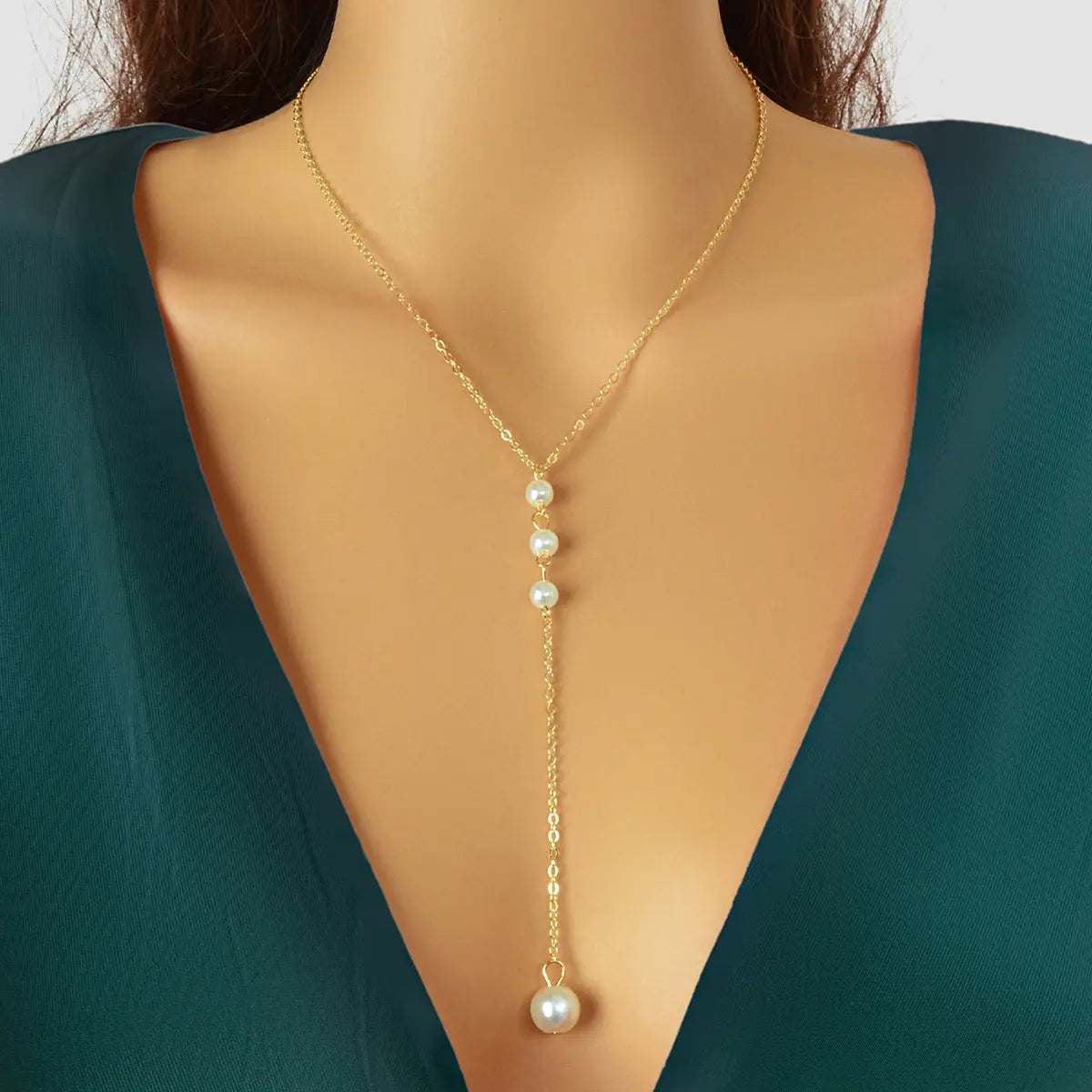 Dinner Jewellery Gold Chain Y Style Pearl Decor Long Pendant Lariat Necklace Feelontop Jewellery