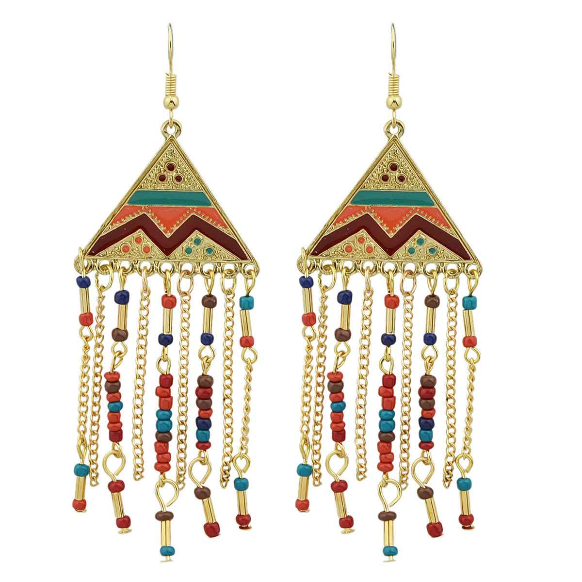 Triangle Colourful Enamel Beads Long Chain Tassel Ethnic Jewellery Boho Earrings Feelontop Jewellery
