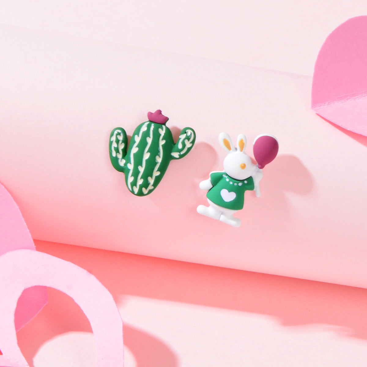 Funny Cartoon Green Cactus Easter Bunny Rabbit Animal Stud Asymmetrical Earrings Feelontop Jewellery