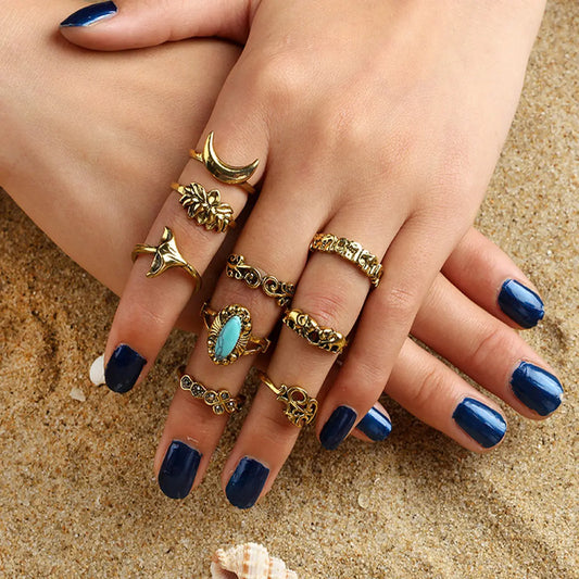 Stackable 9pcs Tribal Ethnic Lotus Elephant Moon Flower Multiple Bulk Rings set Feelontop Jewellery