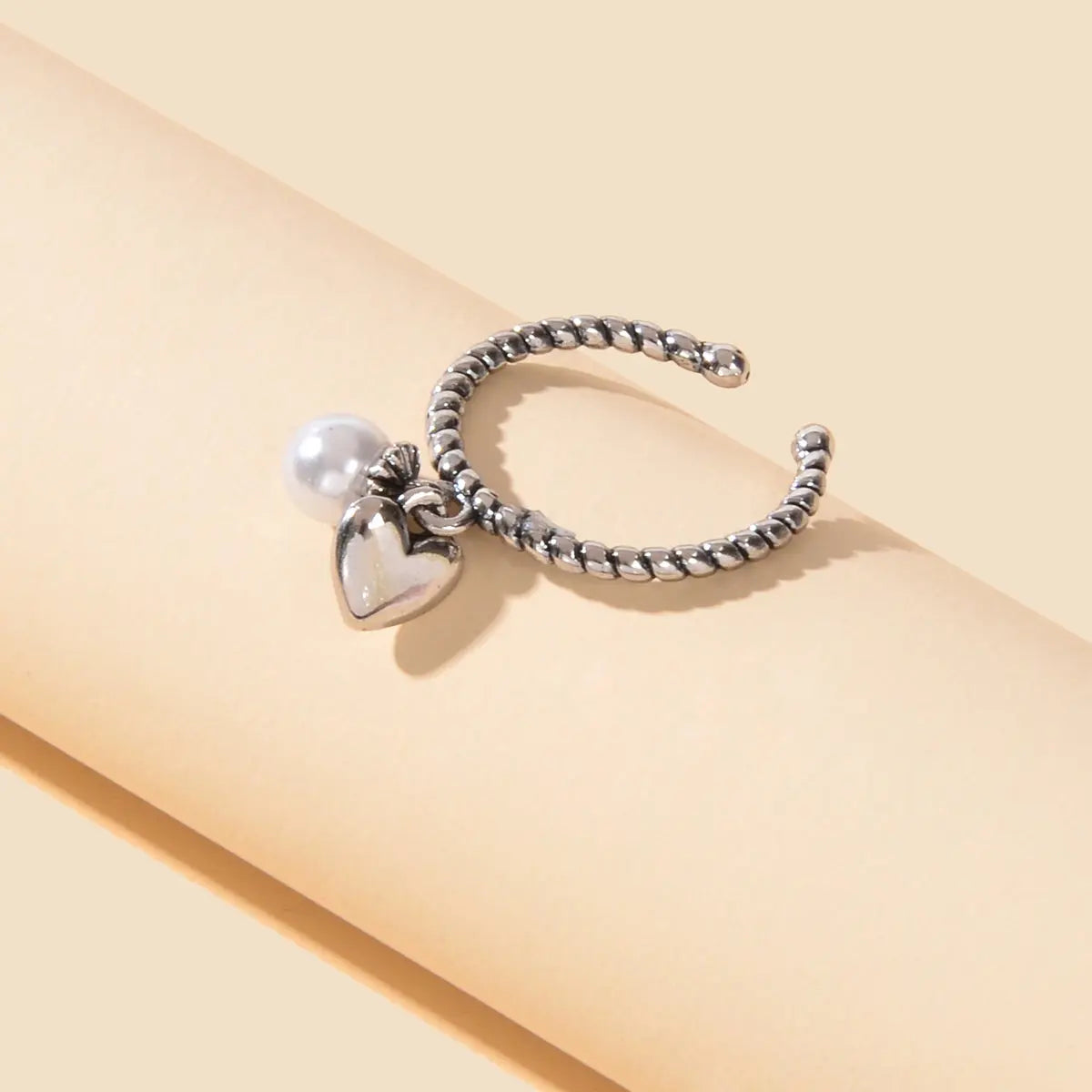 Vintage Silver Statement Antique Pearl Heart Charm Open Cuff Ring Women's Band Feelontop Jewellery