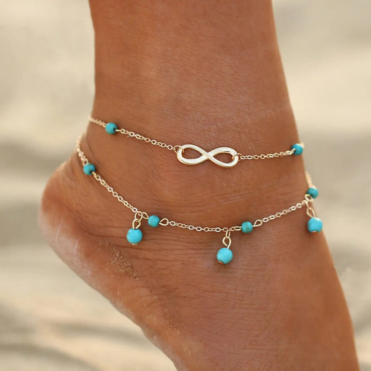 1 pc Double layer Chain Turquoise Infinity Anklet Barefoot Foot Beach Jewellery Feelontop Jewellery