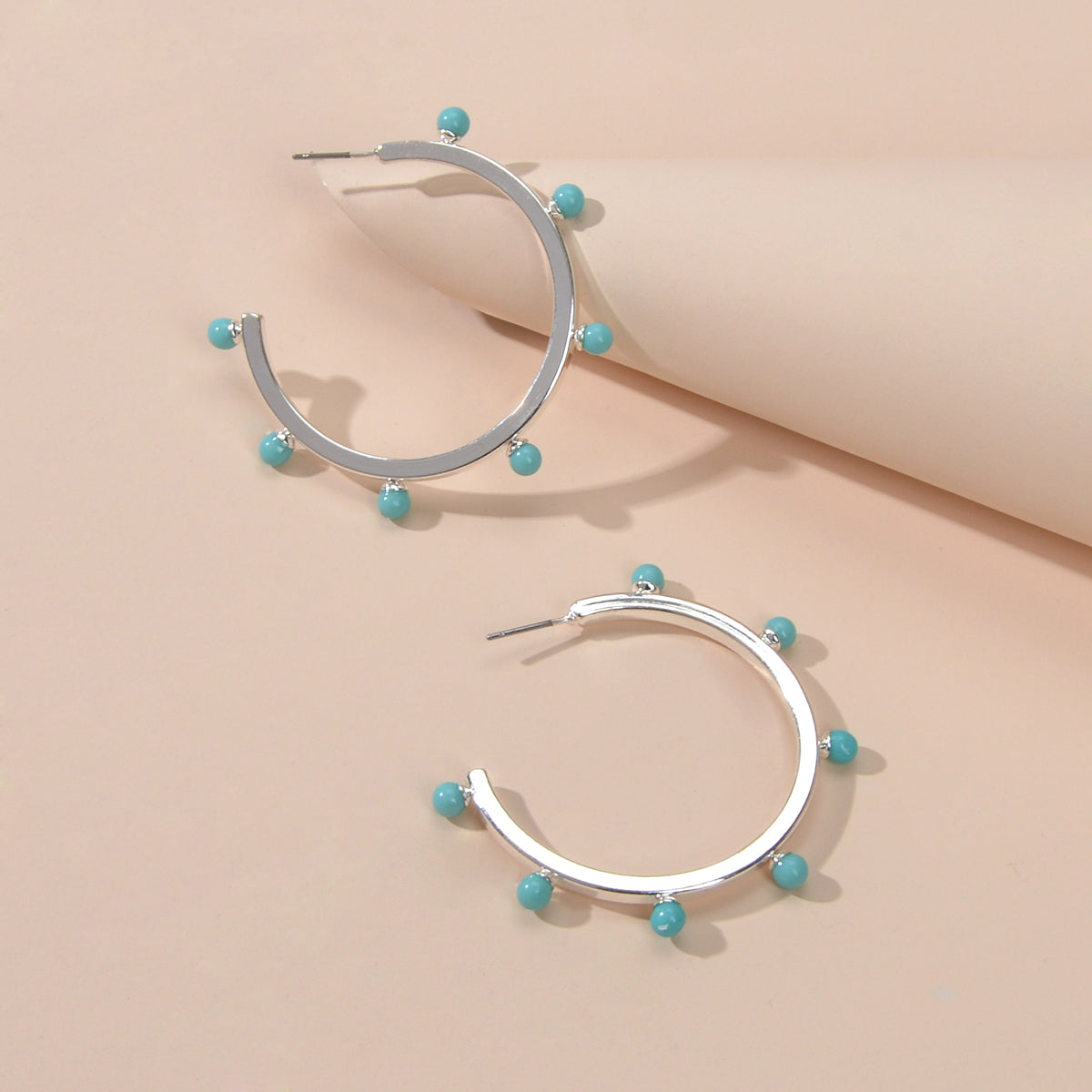 Designer Stylish Blue Hotpink Beads Silver Circle C Hoop Huggie Stud Earrings Feelontop Jewellery