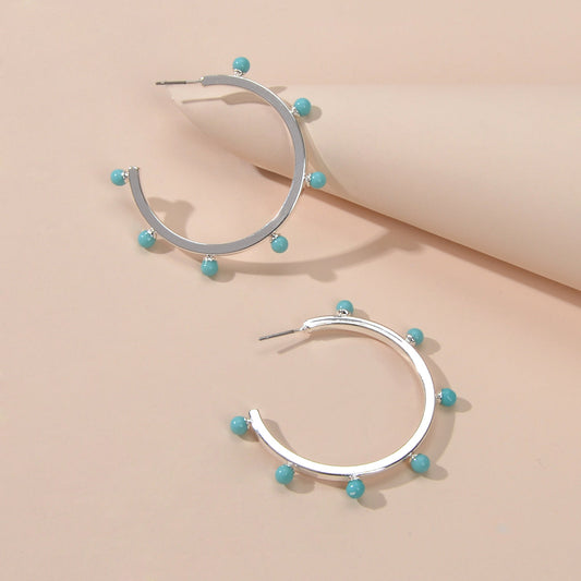 Designer Stylish Blue Hotpink Beads Silver Circle C Hoop Huggie Stud Earrings Feelontop Jewellery