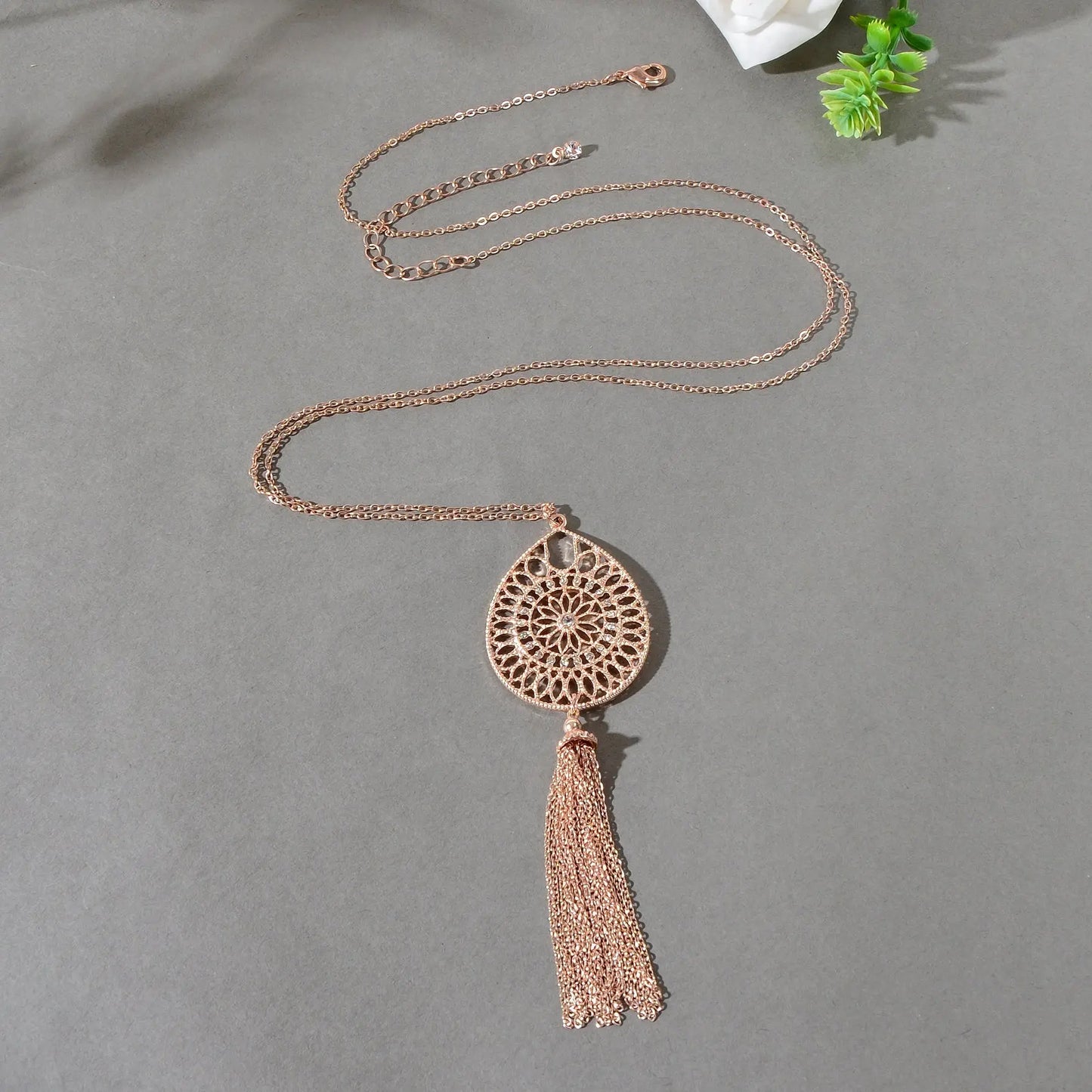 Fashion Rhinestone Decor Carved Hollow Flower with Chain Tassel Long Necklace Feelontop Jewellery
