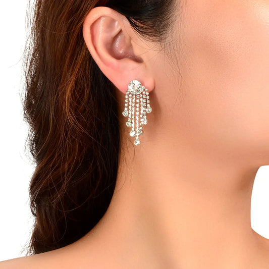 Shiny Bridal Cubic Zirconia Tassel Silver Chain Chandelier Charm Fringe Earrings Feelontop Jewellery