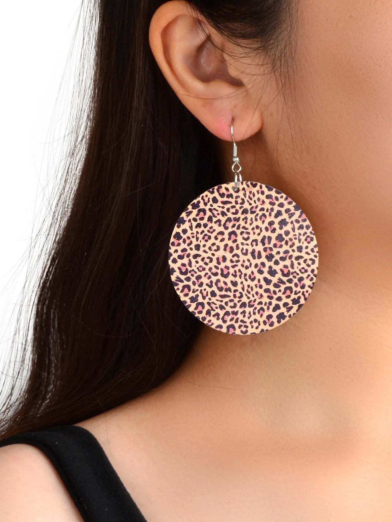 Personality Leopard Pattern Round Wood Big Dangle Earrings Girl Party Decoration Feelontop Jewellery
